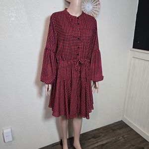 Clarisbelle LONG SLEEVE BUTTON FRONT GINGHAM PRINT BABYDOLL DRESS BILLOWING  Lge